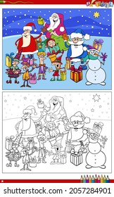 Cartoon-Illustration des Weihnachtsmanns und der Weihnachtsmannschaft-Gruppe Farbbuchseite