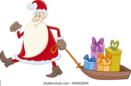 Cartoon Illustration of Santa Claus Christmas Presents on the Sledge