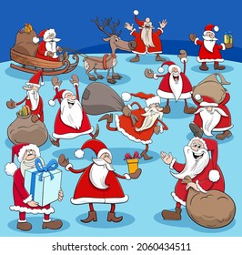 Cartoon illustration of Santa Claus comic characters big group on Christmas time