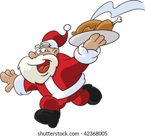 Cartoon illustration of Santa Claus delivering Christmas dinner