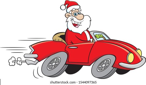 Cartoon illustration of Santa Claus driving a sports car.