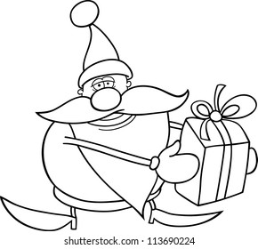 Cartoon Illustration of Santa Claus or Father Christmas or Papa Noel with Present for Coloring Book or Page