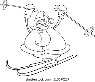 Cartoon Illustration of Santa Claus or Father Christmas or Papa Noel on Ski for Coloring Book or Page