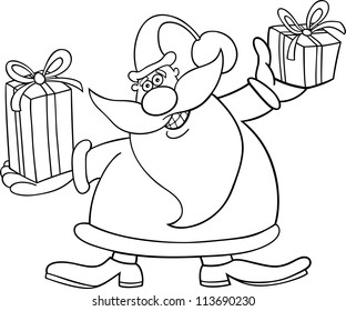 Cartoon Illustration of Santa Claus or Father Christmas or Papa Noel with Presents for Coloring Book or Page