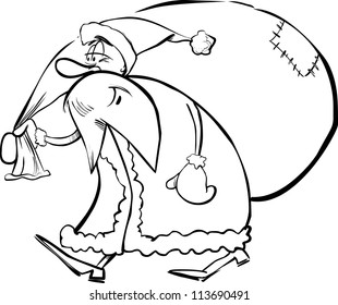 Cartoon Illustration of Santa Claus or Father Christmas or Papa Noel with Sack of Presents for Coloring Book or Page