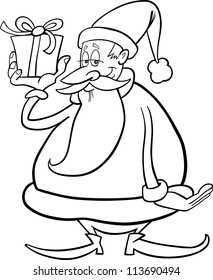 Cartoon Illustration of Santa Claus or Father Christmas or Papa Noel with Present for Coloring Book or Page