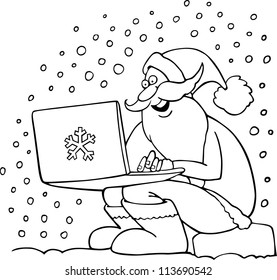 Cartoon Illustration of Santa Claus or Father Christmas or Papa Noel with Laptop Shopping  on Internet for Coloring Book or Page