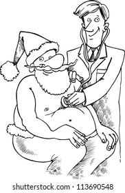 Cartoon Illustration of Santa Claus or Father Christmas or Papa Noel at doctor for examination for Coloring Book or Page