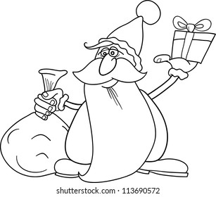 Cartoon Illustration of Santa Claus or Father Christmas or Papa Noel with Sack of Presents and Special Gift for Coloring Book or Page