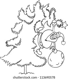 Cartoon Illustration of Santa Claus or Father Christmas or Papa Noel on Christmas Tree with Sack of Presents for Coloring Book or Page