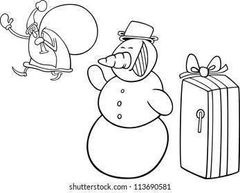 Cartoon Illustration of Santa Claus or Father Christmas or Papa Noel with Sack of Presents giving a Fridge to Snowman for Coloring Book or Page