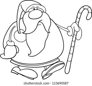 Cartoon Illustration of Santa Claus or Father Christmas or Papa Noel with Cane for Coloring Book or Page