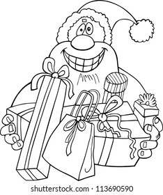 Cartoon Illustration of Santa Claus or Father Christmas or Papa Noel with Presents for Coloring Book or Page