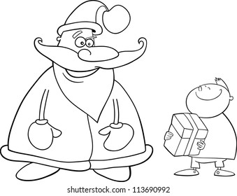 Cartoon Illustration of Santa Claus or Father Christmas giving Present to Happy Little Boy for Coloring Book or Page