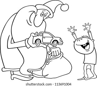 Cartoon Illustration of Santa Claus Giving Christmas Present to Little Boy for Coloring Book or Page