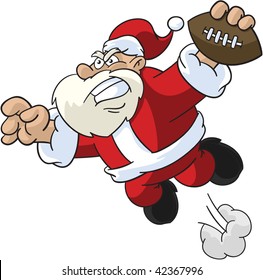 Cartoon illustration of Santa Claus going for a touchdown