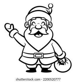 Cartoon illustration of Santa claus greeting and carrying a bag of gift, best for sticker, mascot, and coloring book with christmas themes