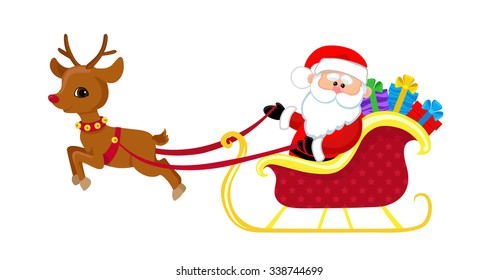 Cartoon illustration of Santa Claus in his sleigh.