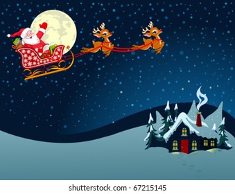 Cartoon illustration of Santa Claus in his sleigh