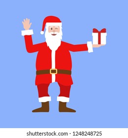 Cartoon illustration of Santa Claus holding a wrapped Christmas gift.