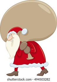 Cartoon Illustration of Santa Claus with Huge Sack of Presents on Christmas