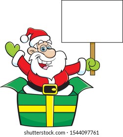 Cartoon illustration of Santa Claus in a large gift box while holding a sign.