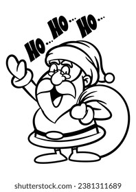 Cartoon illustration of Santa Claus laughing while carrying a bag of toys and greeting a good kids. Best for outline, logo, and coloring book with christmas themes for kids