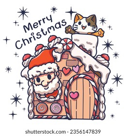 Cartoon illustration of Santa Claus, a little cat and gingerbread house. These cute cartoon file are perfect for T-shirts, phone cases, bags, mugs, stickers, tumblers.