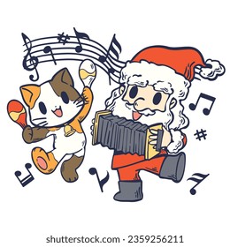 Cartoon illustration of Santa Claus and the little cat play fun music. These cute cartoon file are perfect for T-shirts, phone cases, bags, mugs, stickers, tumblers.