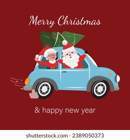 Cartoon illustration of Santa Claus with a Mrs. Claus driving in a blue car and transporting Christmas tree. Christmas card, banner, poster 
