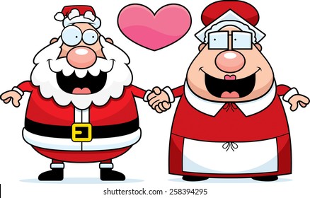 A cartoon illustration of Santa Claus and Mrs. Claus holding hands and in love.