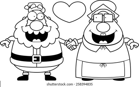 A cartoon illustration of Santa Claus and Mrs. Claus holding hands and in love.