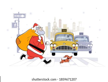 Cartoon illustration of Santa Claus in New York City with bag of gifts and small dog. Sketch illustration