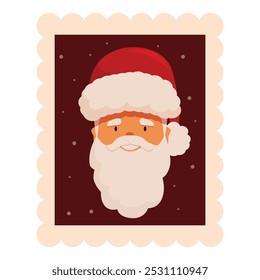 Cartoon illustration of santa claus on a postage stamp, smiling for a festive holiday greeting