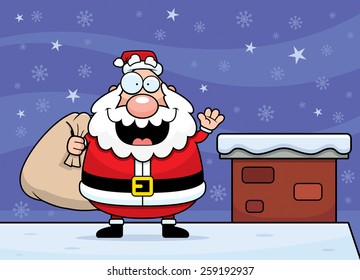 A cartoon illustration of Santa Claus on a rooftop next to a chimney.
