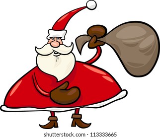 Cartoon Illustration of Santa Claus or Papa Noel with Presents in Sack for Christmas