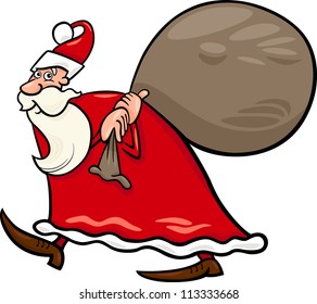 Cartoon Illustration of Santa Claus or Papa Noel with Gifts in Sack for Christmas