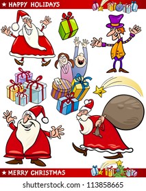 Cartoon Illustration Of Santa Claus Or Papa Noel, Elf, Presents And Other Christmas Themes Set