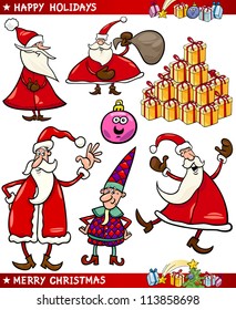 Cartoon Illustration of Santa Claus or Papa Noel, Elf, Presents and other Christmas Themes set