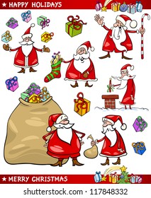 Cartoon Illustration of Santa Claus or Papa Noel with Sack of Gifts, Sock and Cane and other Christmas Themes set