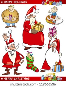 Cartoon Illustration of Santa Claus or Papa Noel, Presents, Happy People and other Christmas Themes set