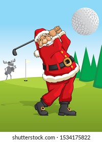 Cartoon illustration of Santa Claus playing golf