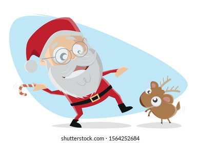 cartoon illustration of santa claus playing stick throwing game with little reindeer