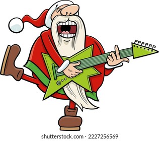 Cartoon illustration of Santa Claus playing electric guitar and singing on Christmas time