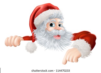 Cartoon illustration of Santa Claus pointing down at Christmas message or sign