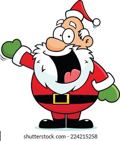 Cartoon illustration of a Santa Claus pointing and smiling. 