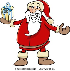 Cartoon illustration of Santa Claus with present on Christmas time