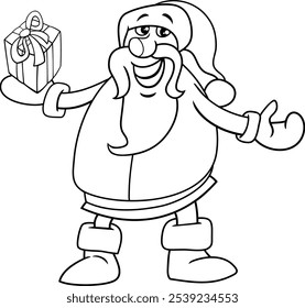 Cartoon illustration of Santa Claus with present on Christmas time coloring page