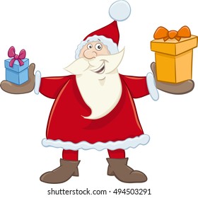 Cartoon Illustration of Santa Claus with Present on Christmas Time