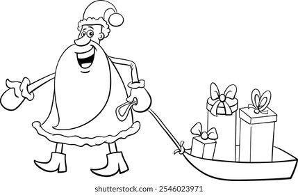 Cartoon illustration of Santa Claus with presents on the sledge on Christmas time coloring page